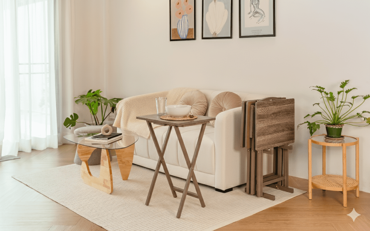 Mainstays 5-Piece Rubberwood Folding TV Tray Table Set of 4 with Storage Rack, Rustic Gray