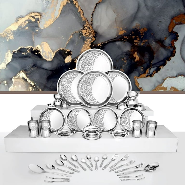 stainless steel dinner set of 42 pieces silver 4 dinner plates 4 side plates 4 glasses 4 bowls 4 chutney bowls 4 pudding bowls 1 basting