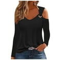 thumbnail image 2 of Fall !3/4 Sleeve T Shirts for Women Plus Size Women's Casual Solid Color Shoulder Drop Long Sleeve Pullover Long Sleeve Top V-Neck Top/Shirt Black XL, 2 of 6