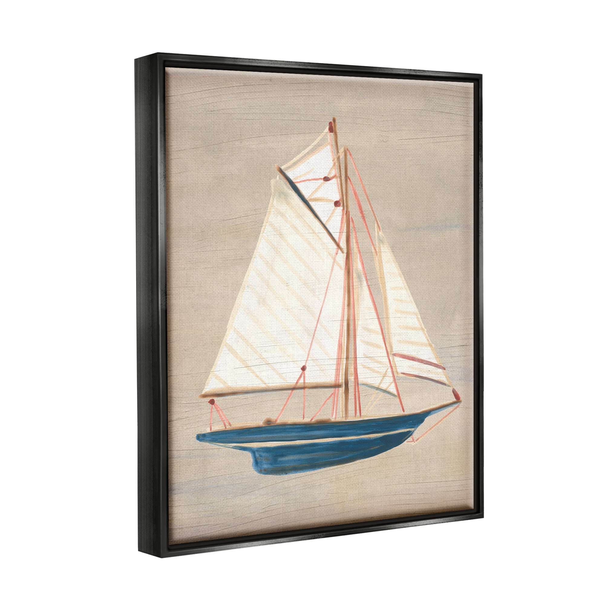 Stupell Industries Rustic Blue Sailboat Transportation Painting Black Floater Framed Canvas Art Print Wall Art, 17 x 21