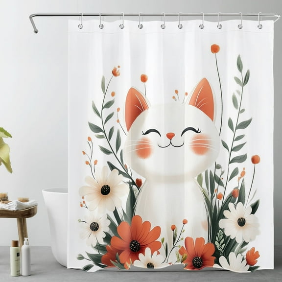HVEST Cute Cat Floral Shower Curtain with Cute Cat and Wildflower Botanical Design - Rustic Garden Bathroom Decor, Waterproof Polyester Fabric, Includes 10 Hooks, 60x72 Inches