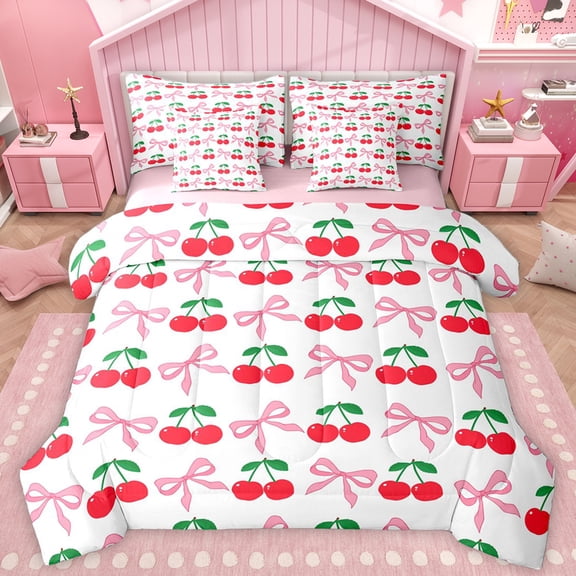 Homewish Kawaii Bow Knot 7-Piece Twin Bedding Sets,Cartoon Cherry Fruit Bedding Comforter Set,Cute Bowtie Ribbon Sheet Sets For Girls,Microfiber Bedroom Decor Reversible