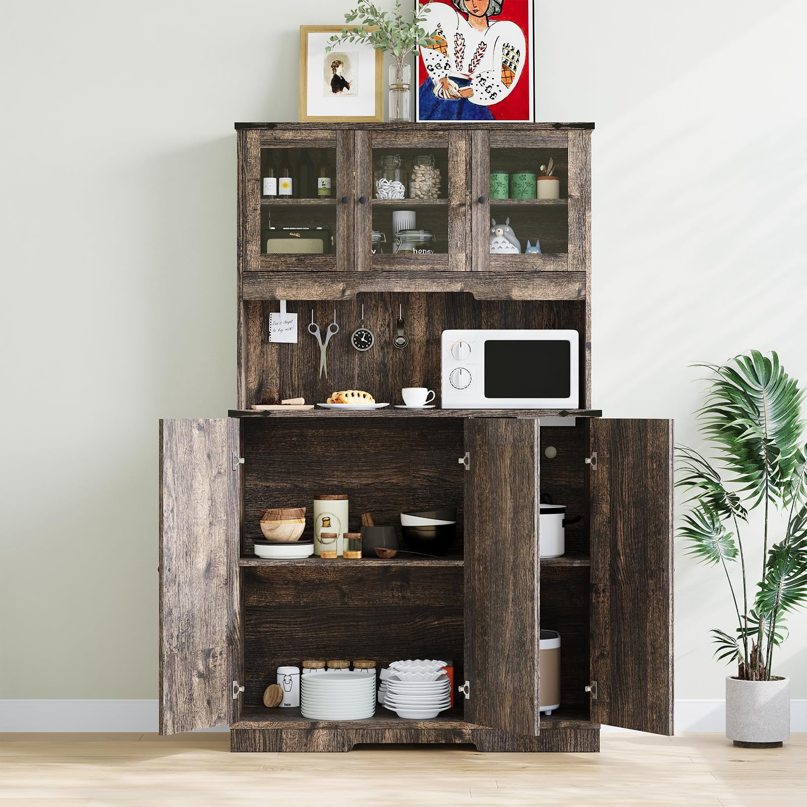 COZONY Rustic Kitchen Pantry Cabinet with Charging Station, Farmhouse Hutch Cupboard with Countertop, 8 Compartments & Adjustable Shelves for Living Room & Kitchen,Dark oak