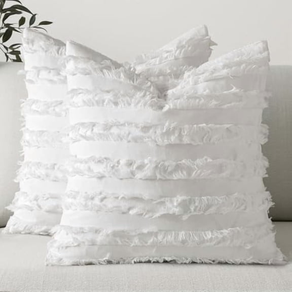 Set of 2 Decorative Boho Throw Pillow Covers Linen Striped Jacquard Pattern Cushion Covers for Christmas Sofa Couch Living Room Bedroom 16x16 Inch White