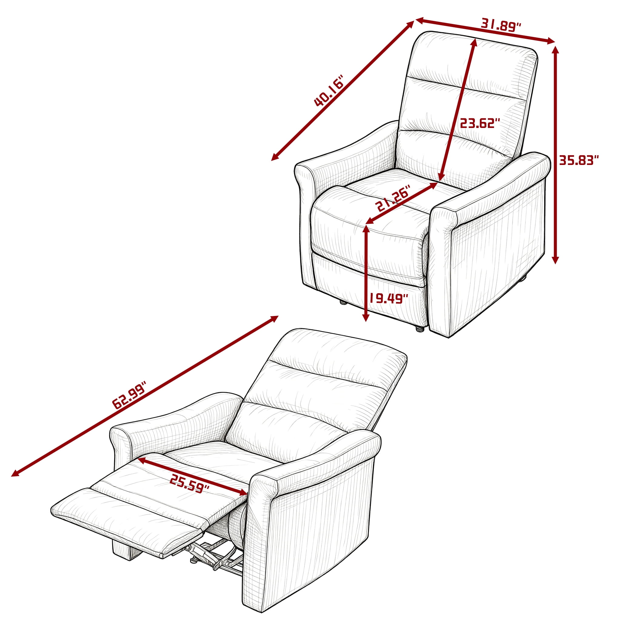 Gewnee 31.89" Manual Recliner Chair, Adjustable Reclining Lounge Chair, Linen Upholstered Wood & Metal Frame Single Sofa Recliner for Living Room, Office, Light Grey