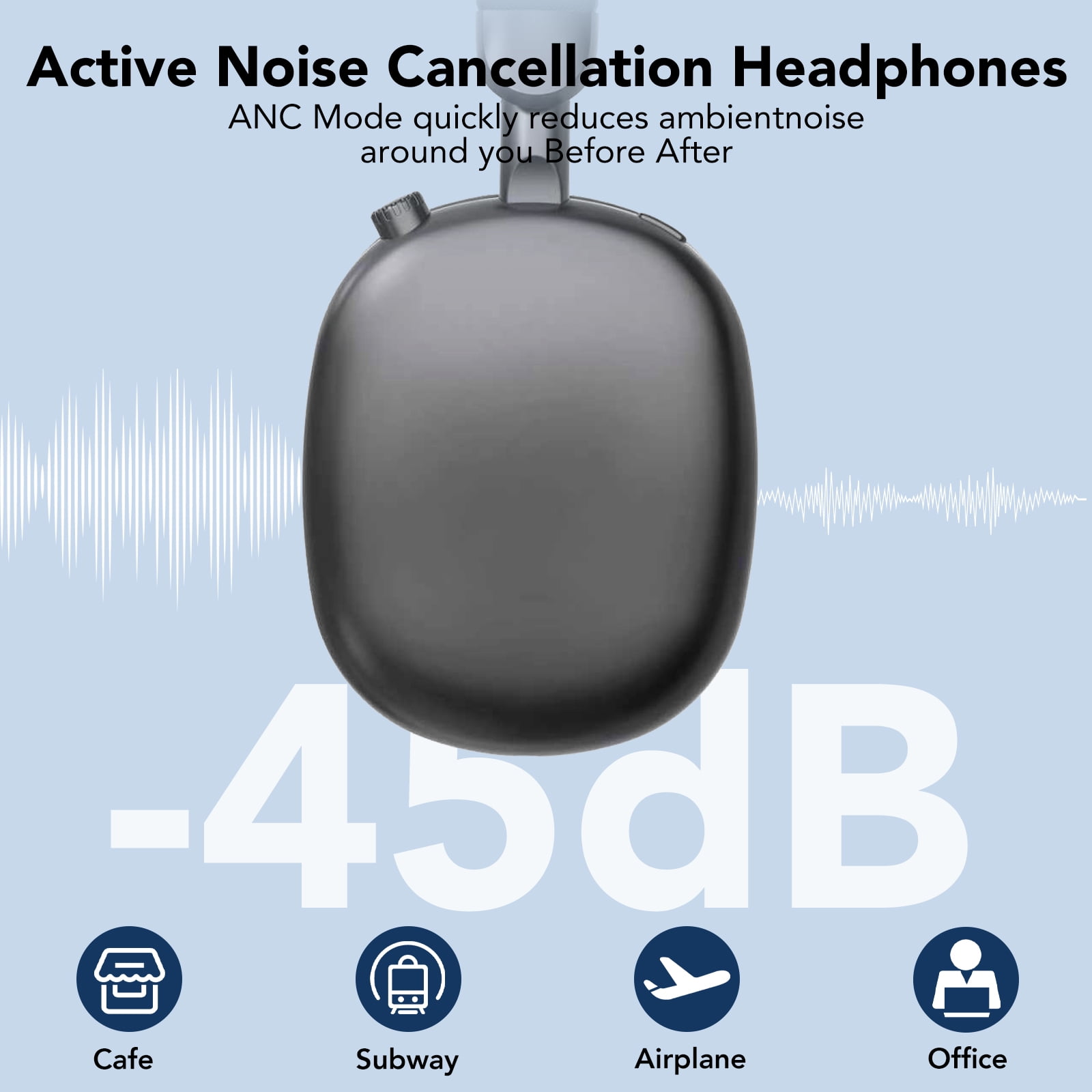 Active Noise Cancelling Headphones -45dB, Bluetooth Headphones 5.4, 60H Playtime Wireless Earbuds, Clear Call, Bass Boosted by 90%, Comfort Fit Over Ear Headphones for Travel Home Office PC Black thumbnail 4