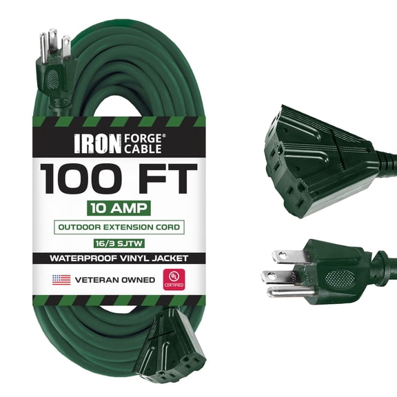 Iron Forge Cable 100ft Green Outdoor Extension Cord with 3 Outlets - 16/3 SJTW 100ft Extension Cord 3 Prong, 10 Amp All-Weather Heavy Duty Power Cable