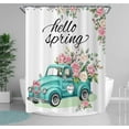 thumbnail image 3 of Hello Spring Shower Curtain, Farmhouse Teal Truck Loading Pink Floral with Green Leaves Spring Bathroom Curtain Waterproof Fabric Machine Washable with Hooks, 72" Wx84 L, 3 of 6