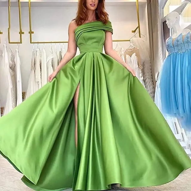 Vestido de satén con un solo hombro, vestido de noche, fiesta de cumpleaños, minifalda verde, abertura alta, mono sexy