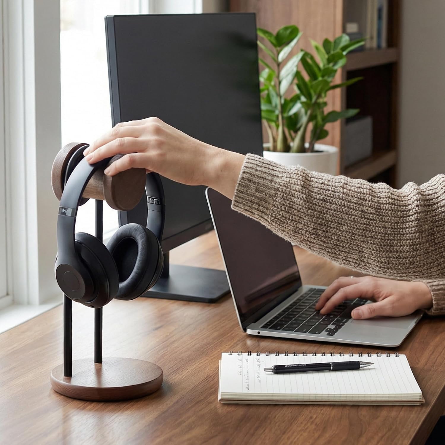 Fenge Headphone Stand with Storage Base, Desktop Headset Holder, Brown