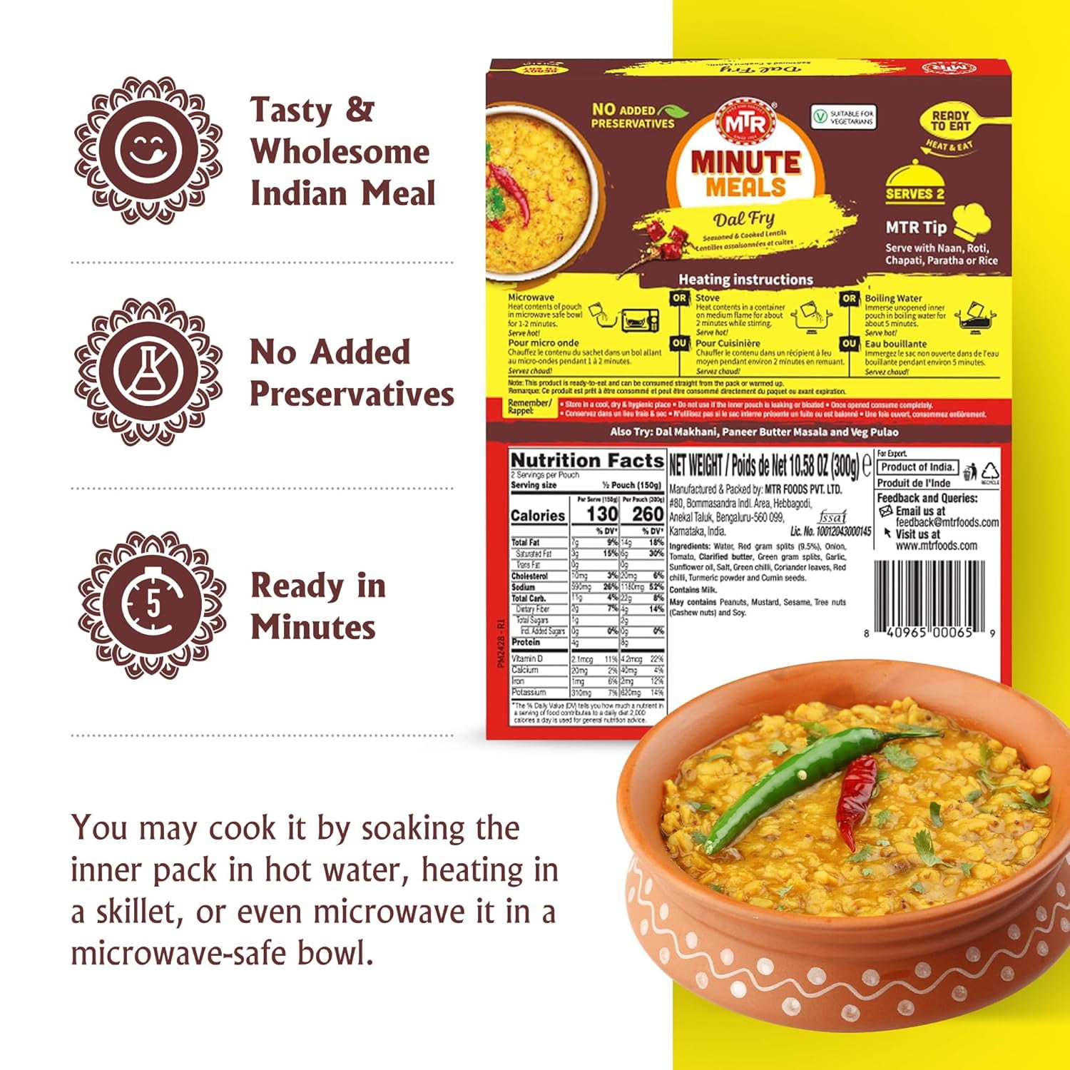 MTR Dal Fry - Flavorful Seasoned & Cooked Lentils - Authentic Indian Ready-To-Eat Meal - No Added Preservatives - A Quick Meal Suitable for Vegetarians, Ready in Minutes! (300g, Pack of 6)