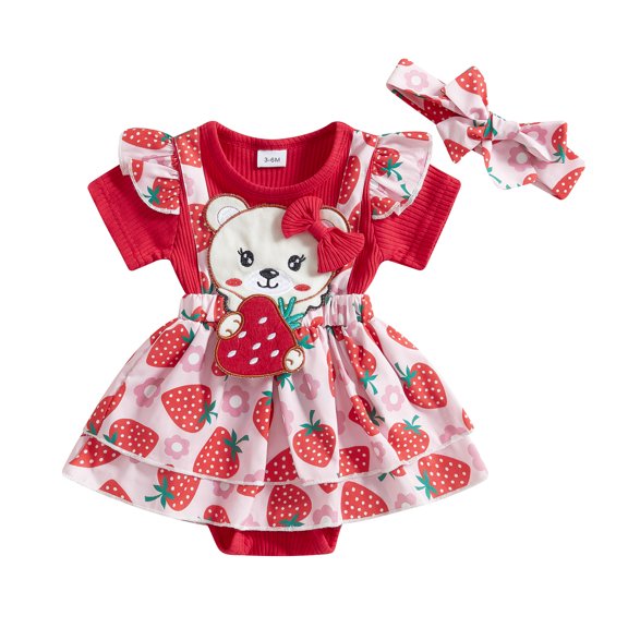 Okbabeha Infant Baby Girls Strawberry Print Bear Romper Bodysuit Puff Sleeve Dress Outfit with Headband