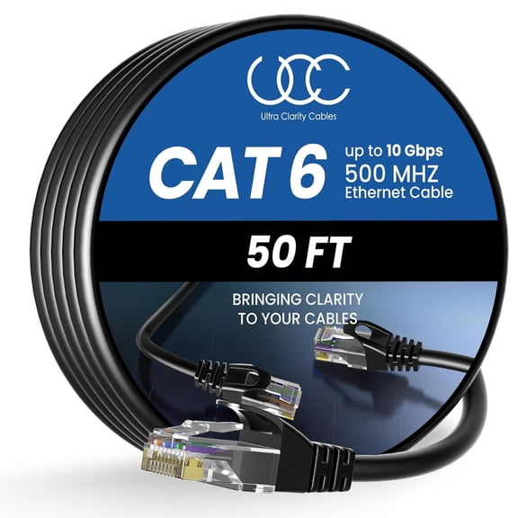 Ultra Clarity Cables Cat6 Ethernet Cable, RJ45, LAN, UTP Cat 6, Network, Patch, Internet Cable for PS4, PS5, and Xbox, Ethernet Cord, Black, 50 Feet