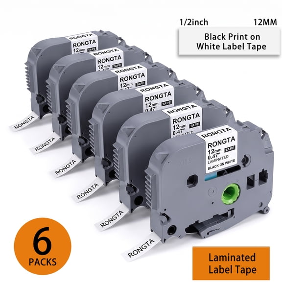 Rongta Laminated Label Maker Tape for TD210 and TH110 Label Makers, 12mm (0.47 in) Black-on-White Label Tape, 8m Each, 6-Pack
