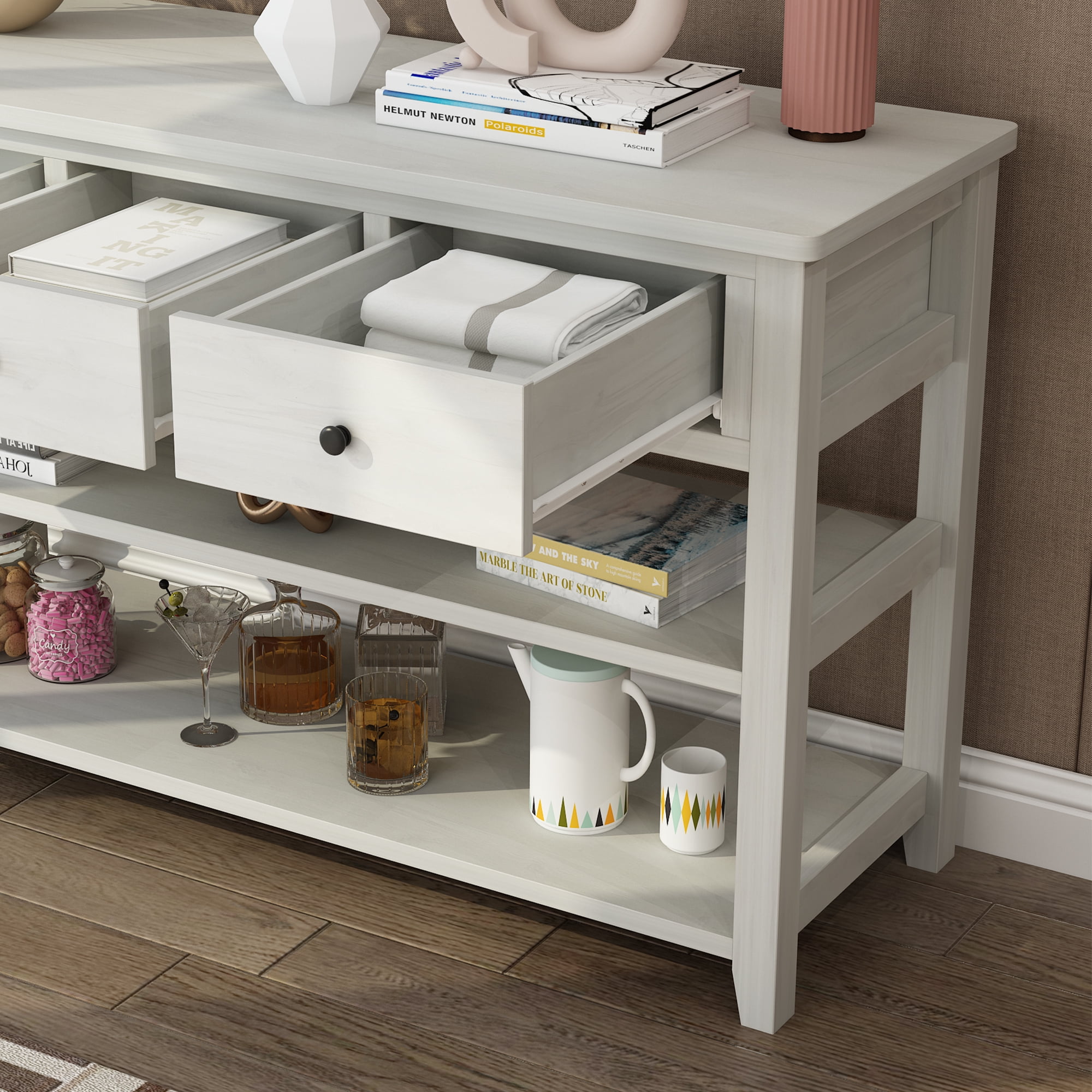 Ktaxon 3-Tier Wood Console Table with 3 Drawers and Shelves, Narrow Long Sofa Entryway Table for Living Room, Hallway, Foyer, Office, White