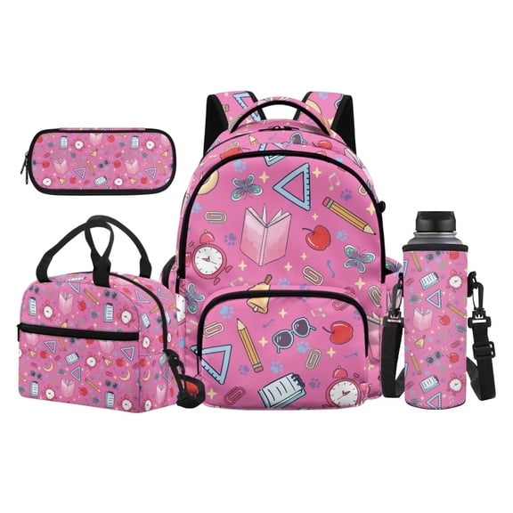 Bulopur Pink School Supplies Print Kids Backpack Set 4 Pcs Durable Waterproof Kids School Bag with Lunch Box, Pencil Case and Water Bottle Cover for Girls