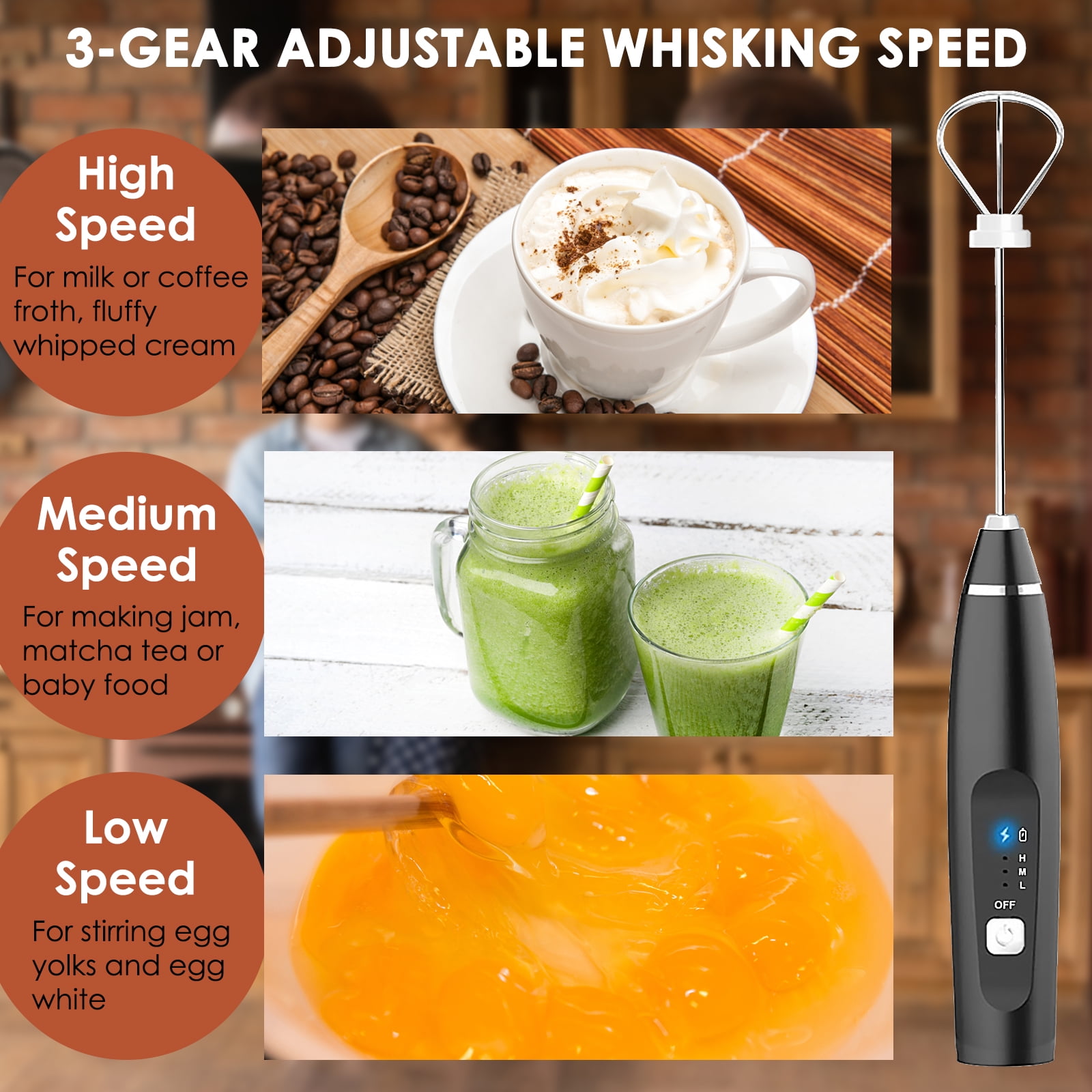 Qweeon Handheld Milk Frother,Coffee Frother Rechargeable Milk Frothers 3  Speeds Drink Mixer with 2 Stainless Whisk for Cappuccino Latte Red