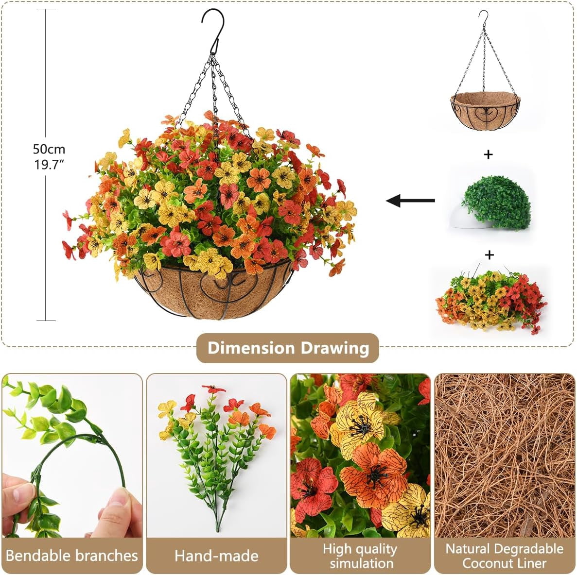 Artificial Faux Hanging Plants Flowers Basket Outdoor Indoor Patio Lawn Garden Spring Decor,Fake Silk Daisy in Basket with 12inch Coconut Lining Chain Palm Flowerpot(Red Orange Yellow)