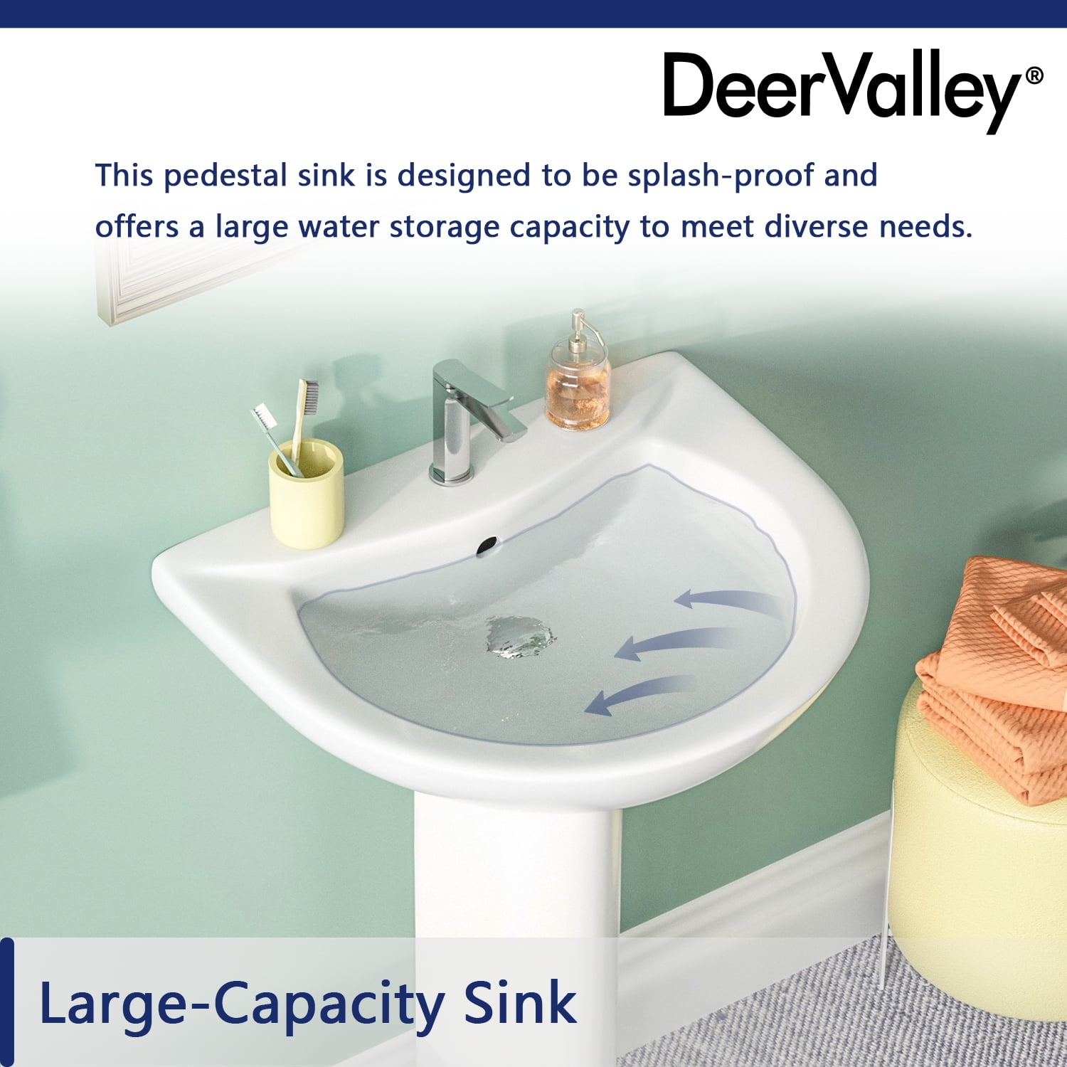 DeerValley DV-1P523 26" Tall U-Shape Pedestal Bathroom Sink with Overflow in White