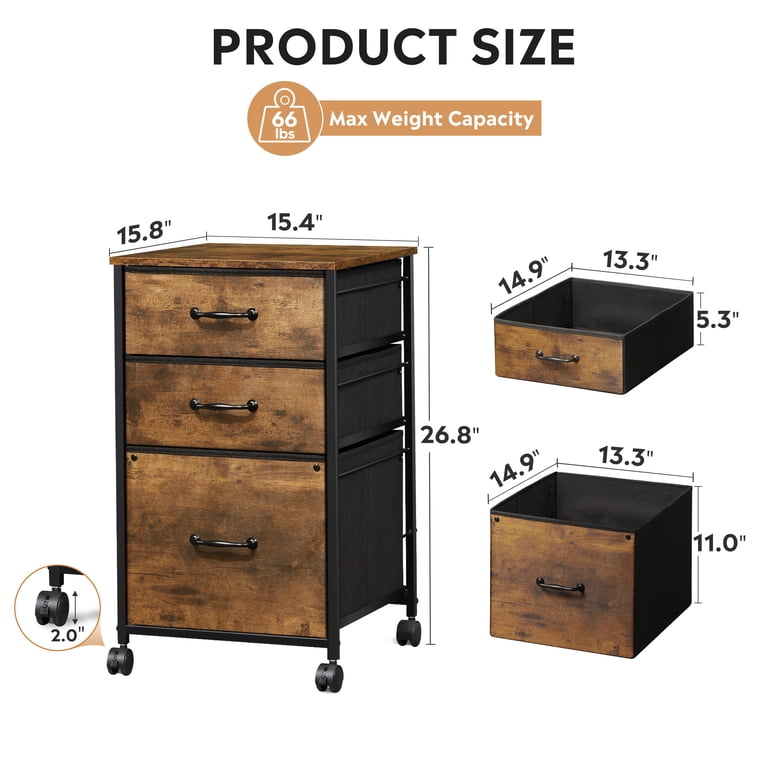 GALAXHERO 3-Drawer Mobile File Cabinet, Rustic Brown photo 2