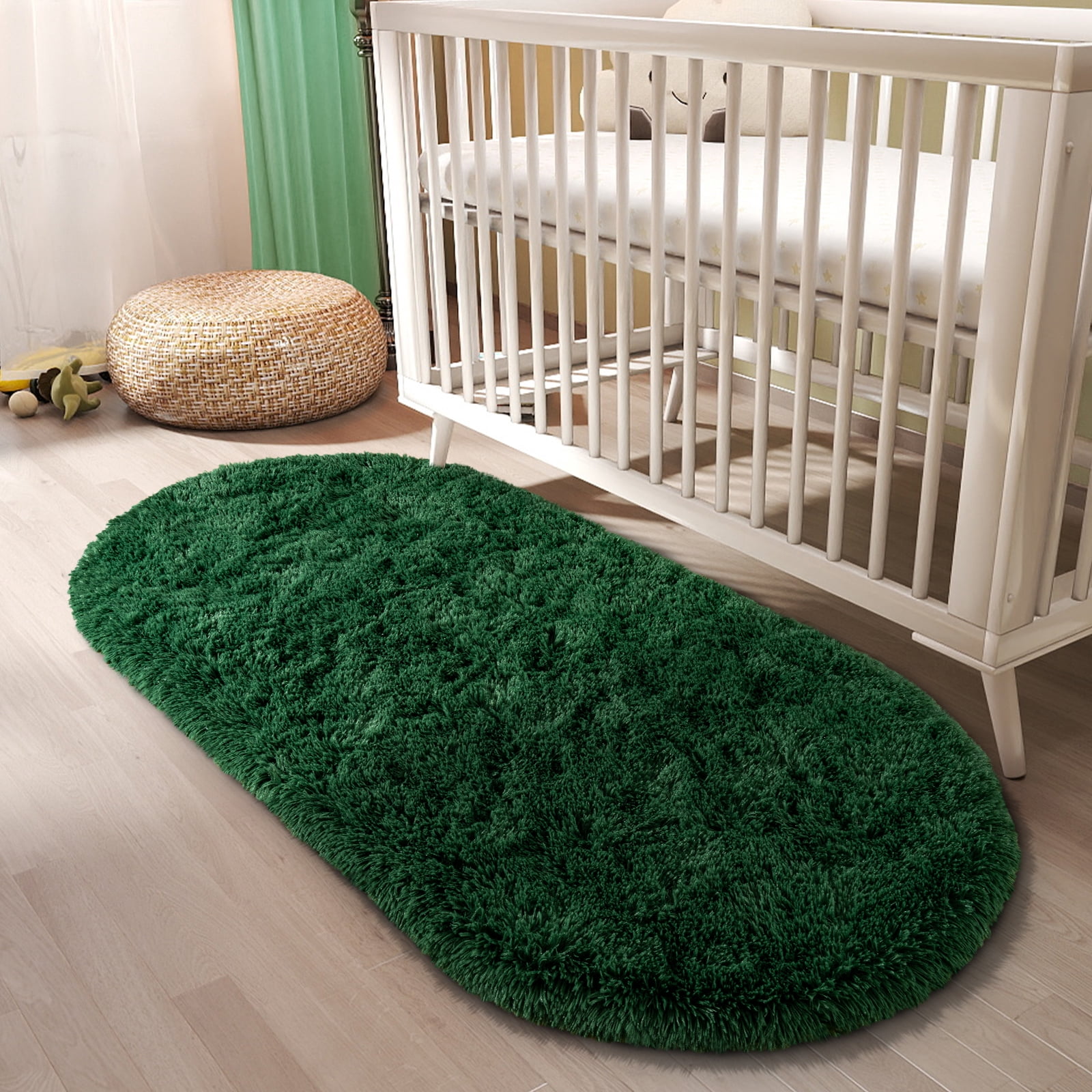 ZENELESS Oval Fluffy Rugs for Bedroom, Modern Plush Shaggy Carpet for Kids Bedside Girls/Boys and Kids Baby Room Home Decor, 2.6 x 5.3ft Dark Green