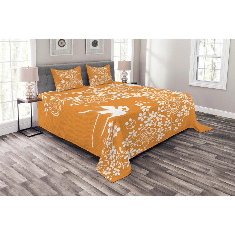 Japanese Bedspread Set, Oriental Floral Japanese Style Flying Birds