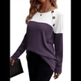 thumbnail image 1 of Camisetas de Punto Gofre para Mujer, Camisetas de Larga con Bloques de Color y Detalle de Botones, Túnicas Púrpura L, 1 of 10