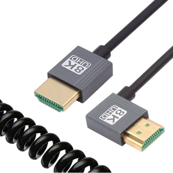 JSER HDMI 2.1 Male to HDMI Male 8K 60hz Stretch Coiled Cable Right Angled 90 Degree for HDTV Computer Laptop Monitor