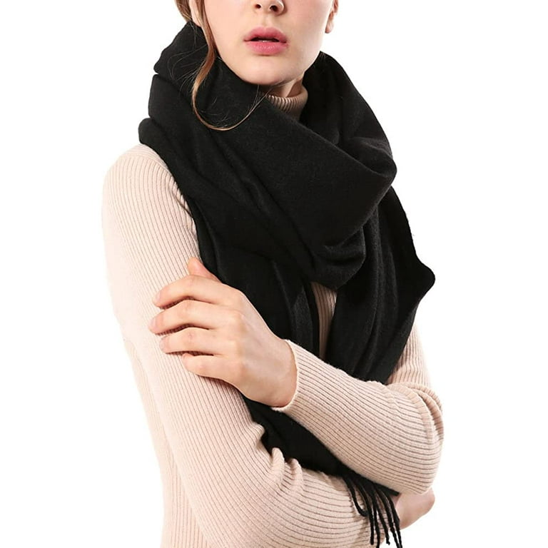 Womens Thick Soft Cashmere Wool Pashmina Shawl Wrap Scarf - OHAYOMI Warm  Solid Color Stole,Black