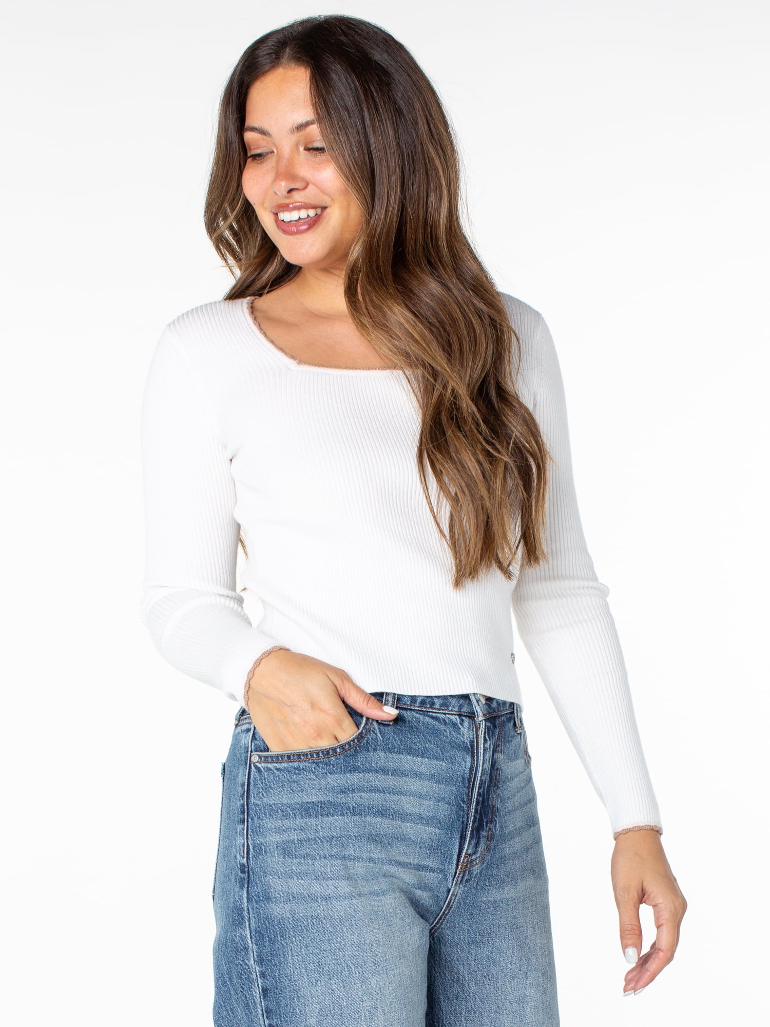 Celebrity Pink Women's Long Sleeve Square Neck Rib Top, Size XS-XXXL