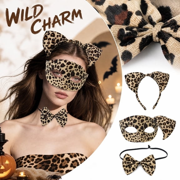 Mskk Leopard Print Cat Costume Accessory Set for Women, Includes Cat Ear Headband, Half‑Face Masquerade Mask & Bow Tie Choker, Halloween Carnival Cosplay Party Kit