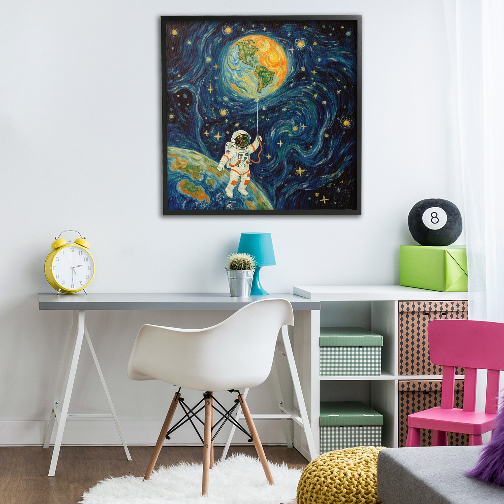 Astronaut with Earth Balloon Black Framed Giclee Art, design by Angie Hawke