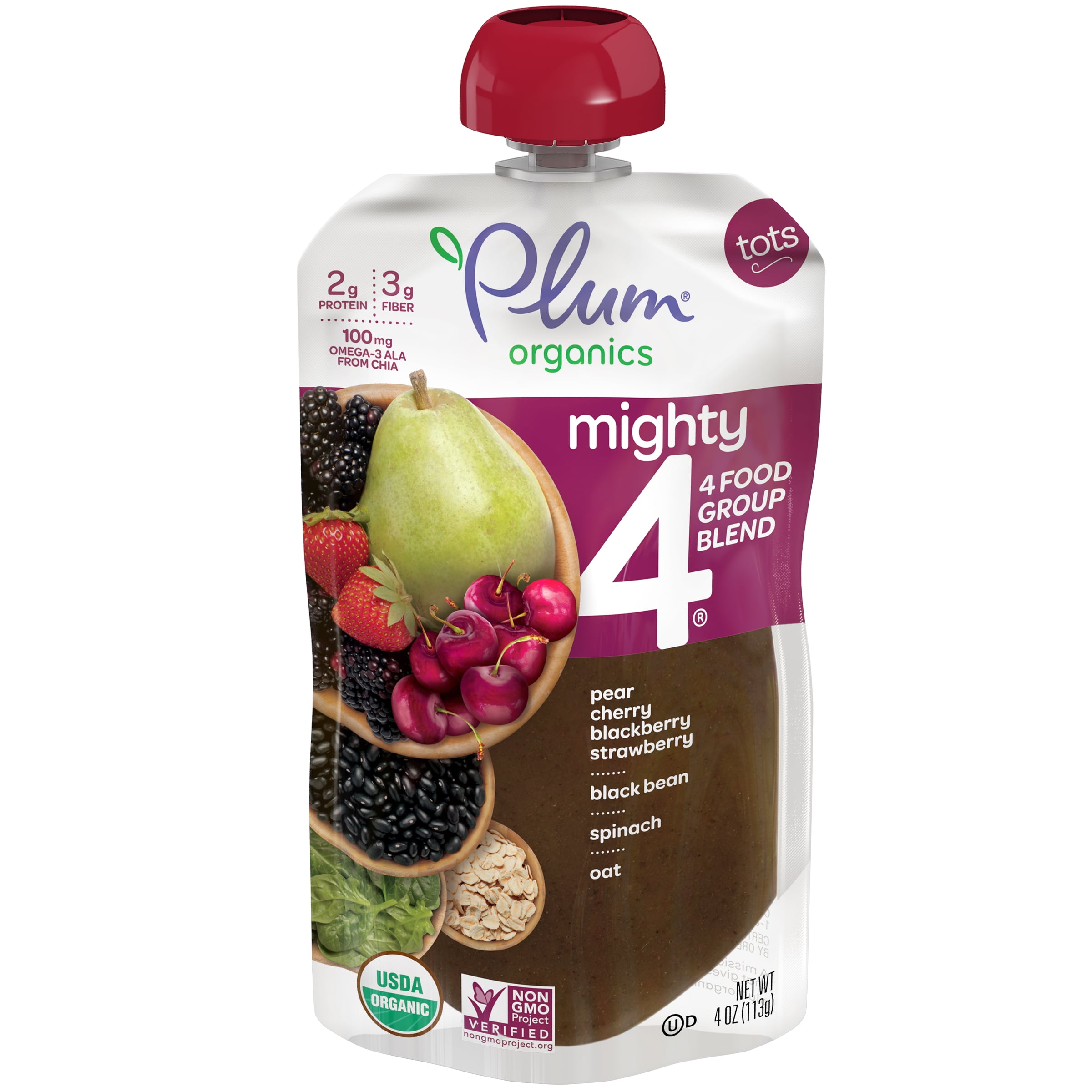 Plum Organics Toddler Baby Food, Pear Cherry Blackberry Strawberry Black Bean Spinach Oat, 4 oz Pouch