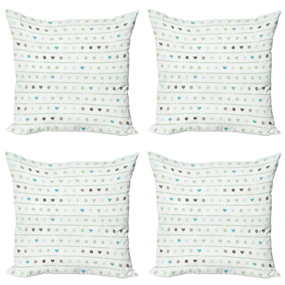 Ambesonne Green Throw Pillow Cover 4 Pack, Polka Dots Hearts, 24", Almond Green