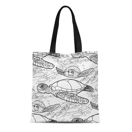 KDAGR Canvas Tote Bag Hawksbill Sea Turtle Drawn in Line Ocean Coloring Book Reusable Shoulder Grocery Shopping Bags