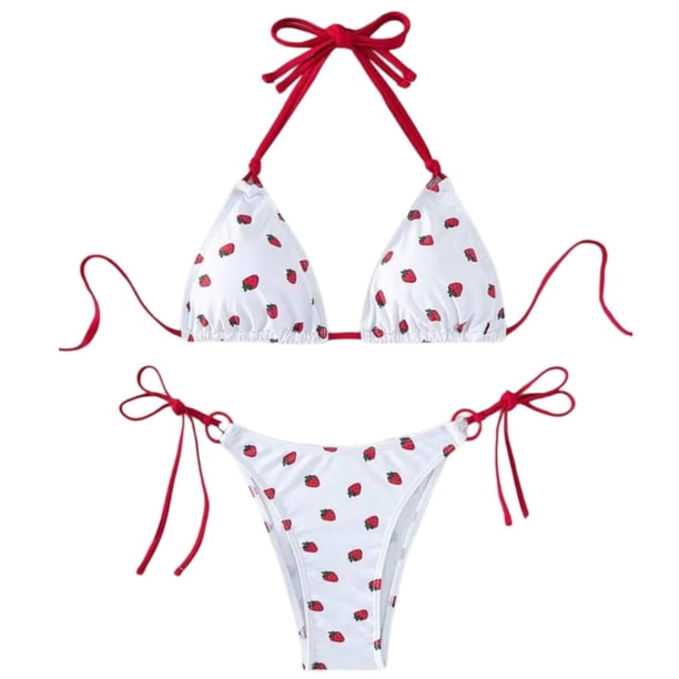 Traje baño con estampado fresa para mujer, Top con cuello Halter, sujetadores y Tanga, traje baño pequeño con lazo