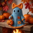 thumbnail image 4 of Clearance Halloween Ghost Figurine, Knitted Look Resin Ghost with Bow and Glowing Pumpkin Bucket, Vintage Tabletop Decor for Mantel Shelf Party Home, 4 of 6