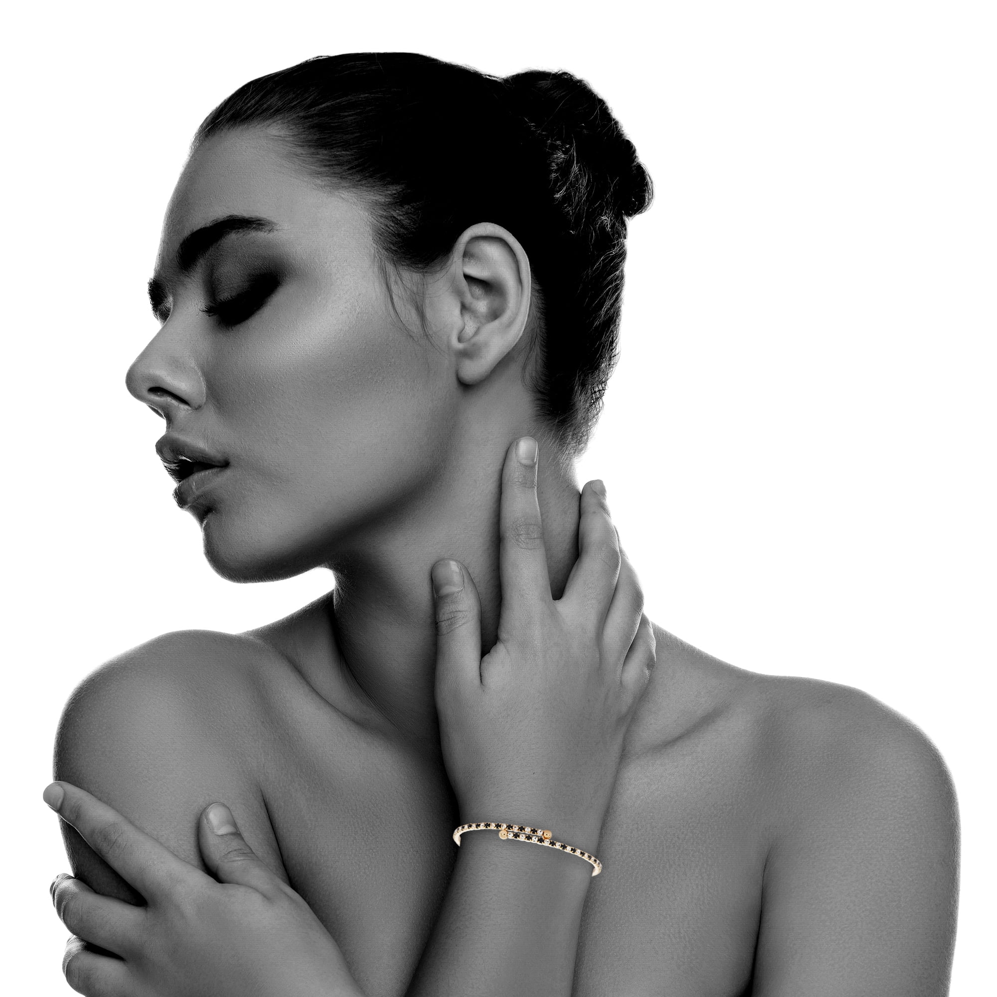 X & O 14KT Gold Plated Crystal Single Row Flex Bangle in Jet and White Crystal Combination
