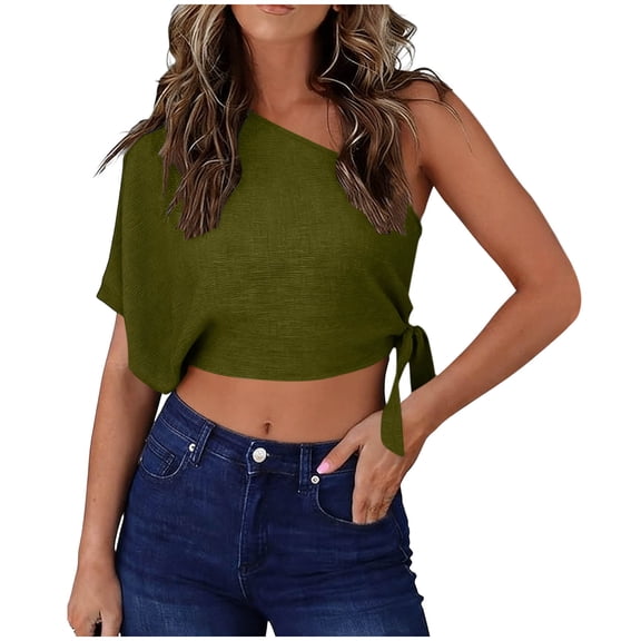 Women's One Shoulder Tops Short Sleeve Crop Top with Tie Side Textured Breathable Summer Blouse Olive Green M
