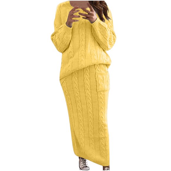 Cable Knit Sweater Dress for Women Solid Slim Fitting Sweater Dress Set 2 Piece Crewneck Tops Pencil Midi Skirt Set