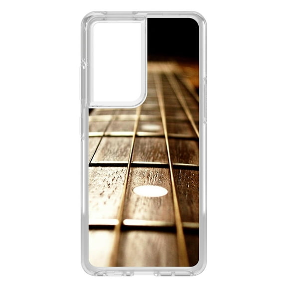 DistinctInk Clear Shockproof Hybrid Case for Galaxy S21 ULTRA 5G (6.8" Screen) - TPU Bumper, Acrylic Back, Tempered Glass Screen Protector - Guitar Strings Neck