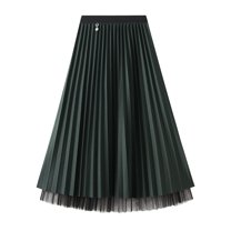 SWSMCLT Women's Pleated Calf Tea Length Long Skirt Tulle Tutu Midi Skirts Pleated 2 Layered Dark Green One Size