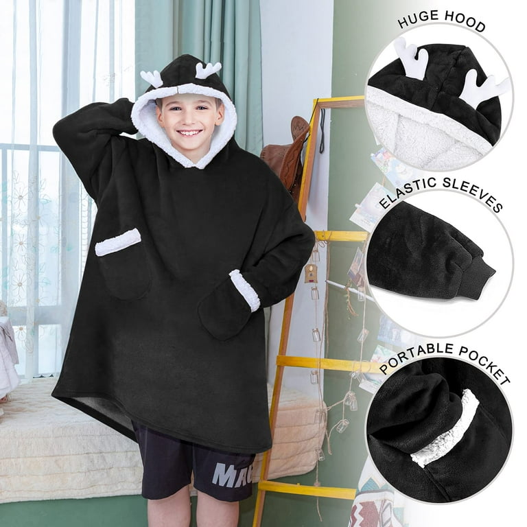 Oversized Hoodie Blanket Sweatshirt for Kids Boys Girls Teens Black Comfy Wearable Hoody Blanke Cozy Fleece Sherpa Blanket Jacket with Deep Pocket Xmax Elk Decorated Chrismas Birthday Gifts Walmart ...