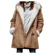 Holiday Deals Saving! Pejock Jackets for Women Winter Warm Sherpa Lined Coats Plus Size Hooded Parka Faux Suede Long Pea Coat Outerwear Classic-Fit Soft Fuzzy Jackets Overcoat Brown 4XL