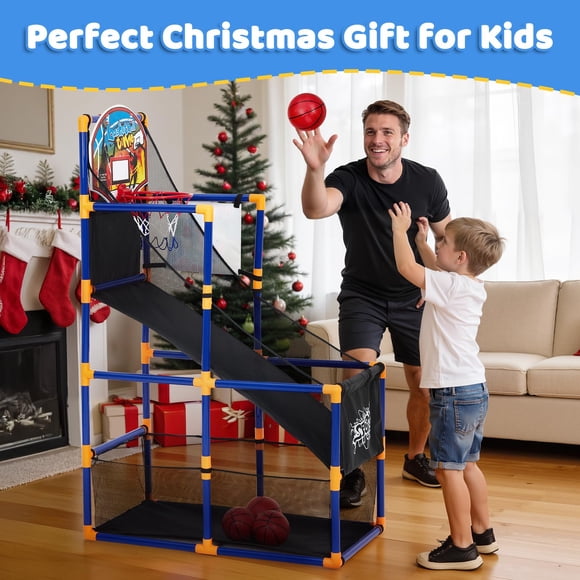 Juego arcade de baloncesto 2 en 1 para niños - Altura ajustable - Incluye 4 balones y 6 pelotas adhesivas - Uso interior/exterior con rampa de retorno
