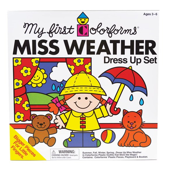 Set de disfraces con diseño de My First Miss Weather de Colorforms, que se puede volver a pegar