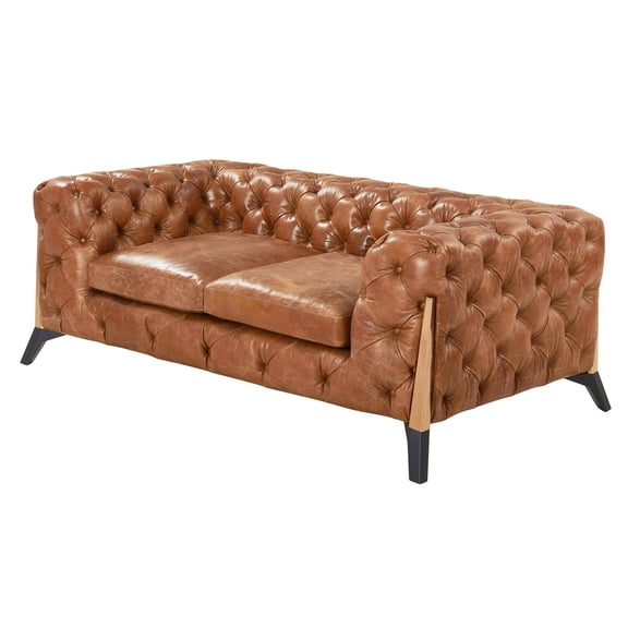Pemberly Row Top Grain Leather Chesterfield Tufted Loveseat in Light Brown