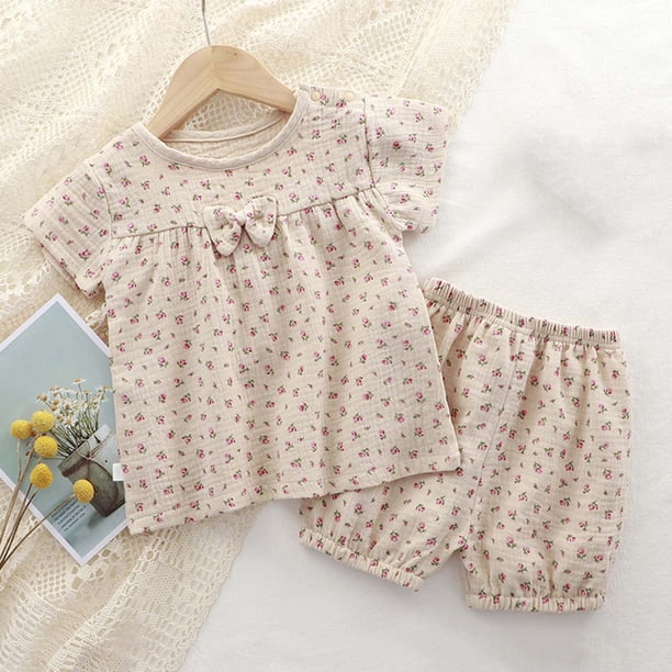 Conjunto de verano para niñas, cuello redondo, manga corta, estampado floral pequeño con lazo, material de gasa, pijama cómodo y transpirable de dos piezas para niñas pequeñas, conjunto de algodón par