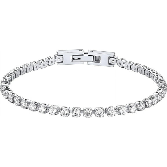 ChainsHouse White Gold Plated Tennis Bracelet for Women with Cubic Zirconia Round Cut Stones, 6.7 Inch Eternity Jewelry