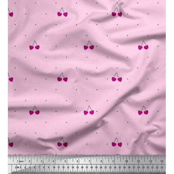 Soimoi Pink Rayon Fabric Cherry & Dots Print Fabric by the Yard 56 Inch Wide